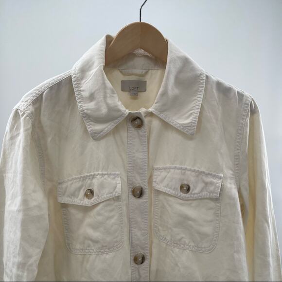 LOFT ANN TAYLOR Twill Linen Shirt Jacket Shacket Cream Pockets Lightweight Small - Picture 4 of 11